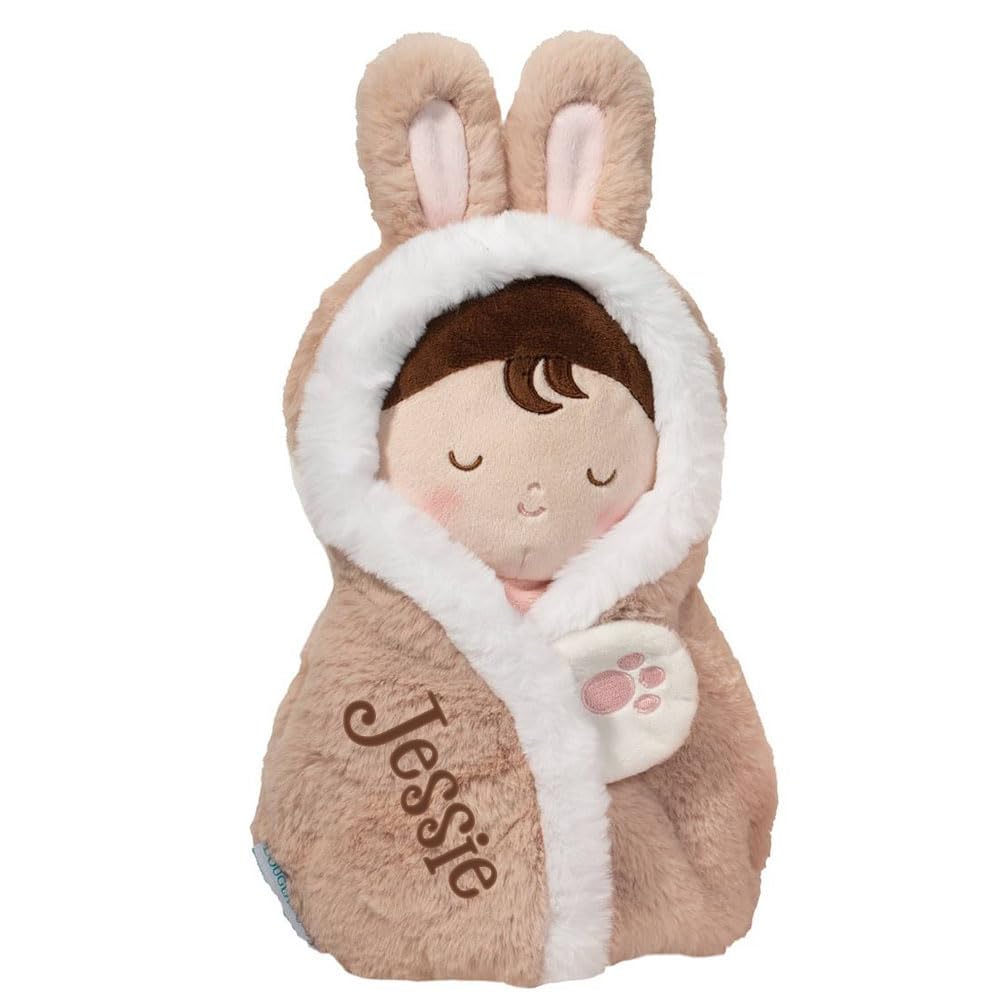 Baby Doll Play Set  Baby Hug Plush Stuffed Animal  Soft Doll with Swaddle  Personalized with Custom Name - 10 Inch (Brown Bunny)