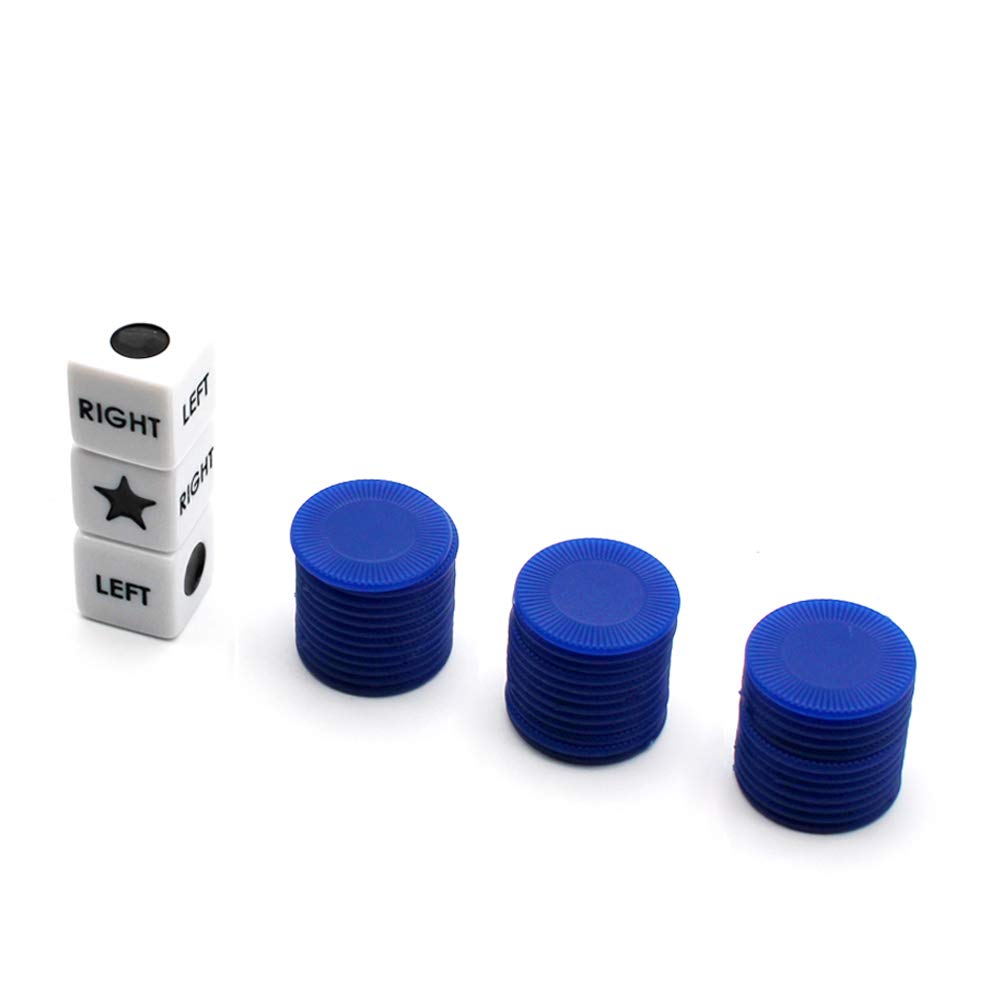 Bilywey Left Right Center Dice Game Set With 3 Dices + 36 Blue Chips (Blue)