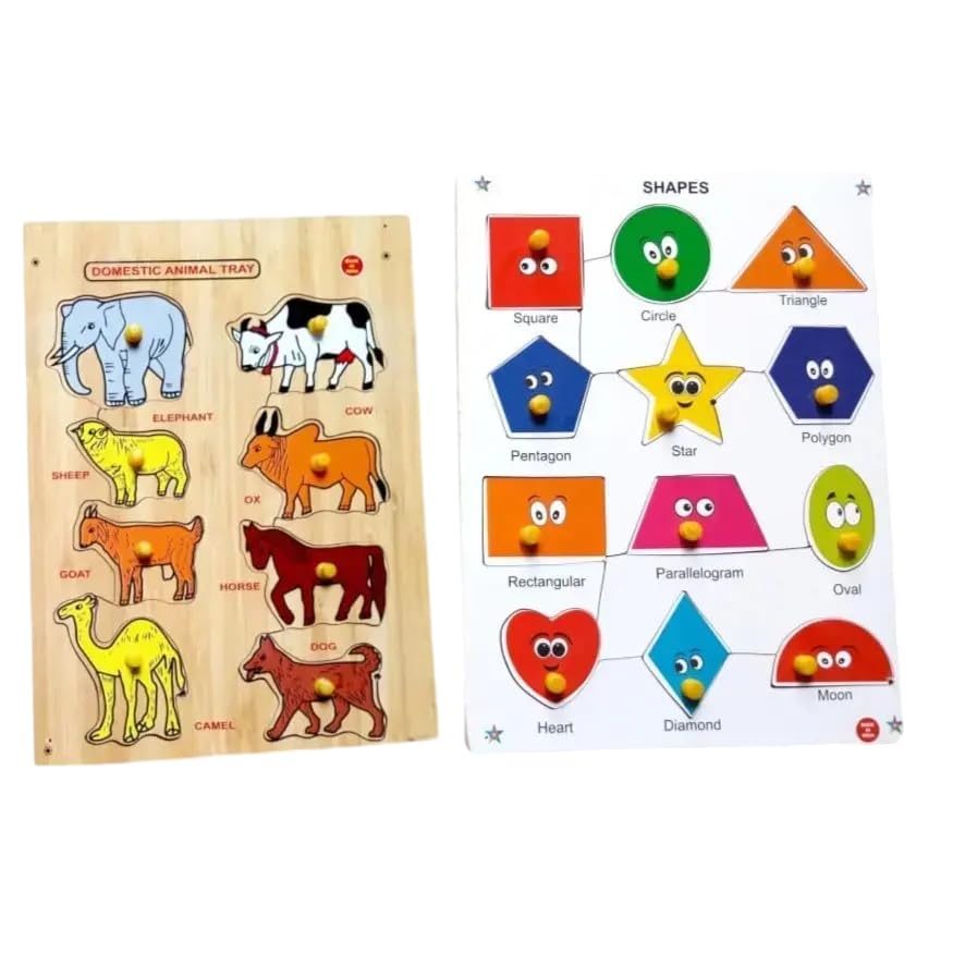 Asiya Enterprises Puzzle Combo of Wooden Domestic Animals with Smiley Shape Puzzle Board Picture for Unisex Kids