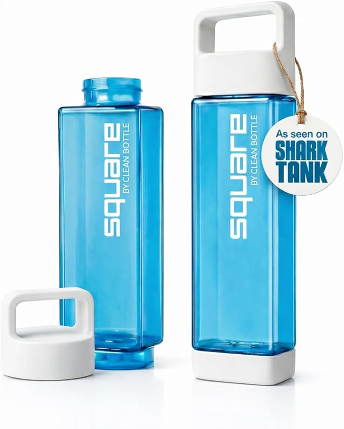 Clean Bottle Square Water Bottle 25oz BPA-Free Tritan Blue PSQ-001 for Travel with Leak Proof Carabiner Lid