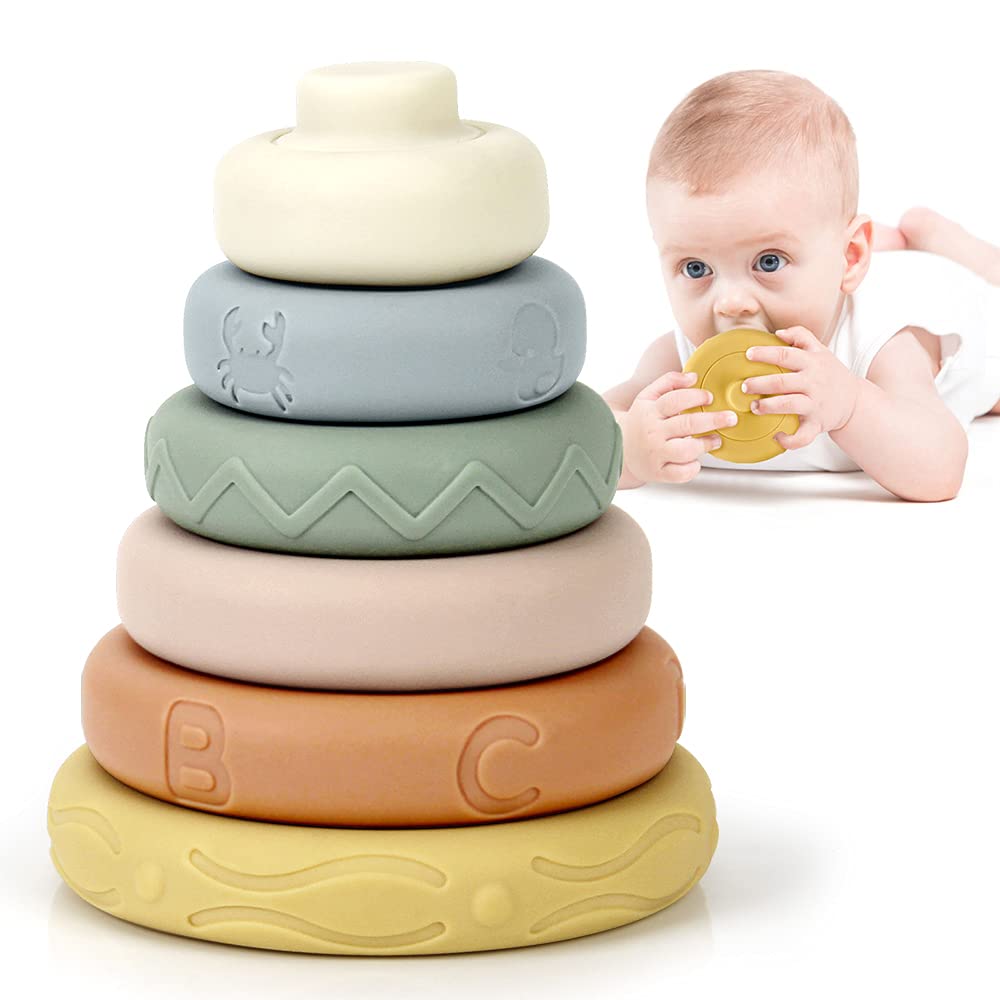 Bobxin Stacking & Nesting Rings Toy, Soft Circle Stacker, 6 Pcs Building Stacker,Teethers For Baby, Squeeze Play With Letter, Animal And Graphic, Toddler Learning Toys For 6 Month Old Boys Girls