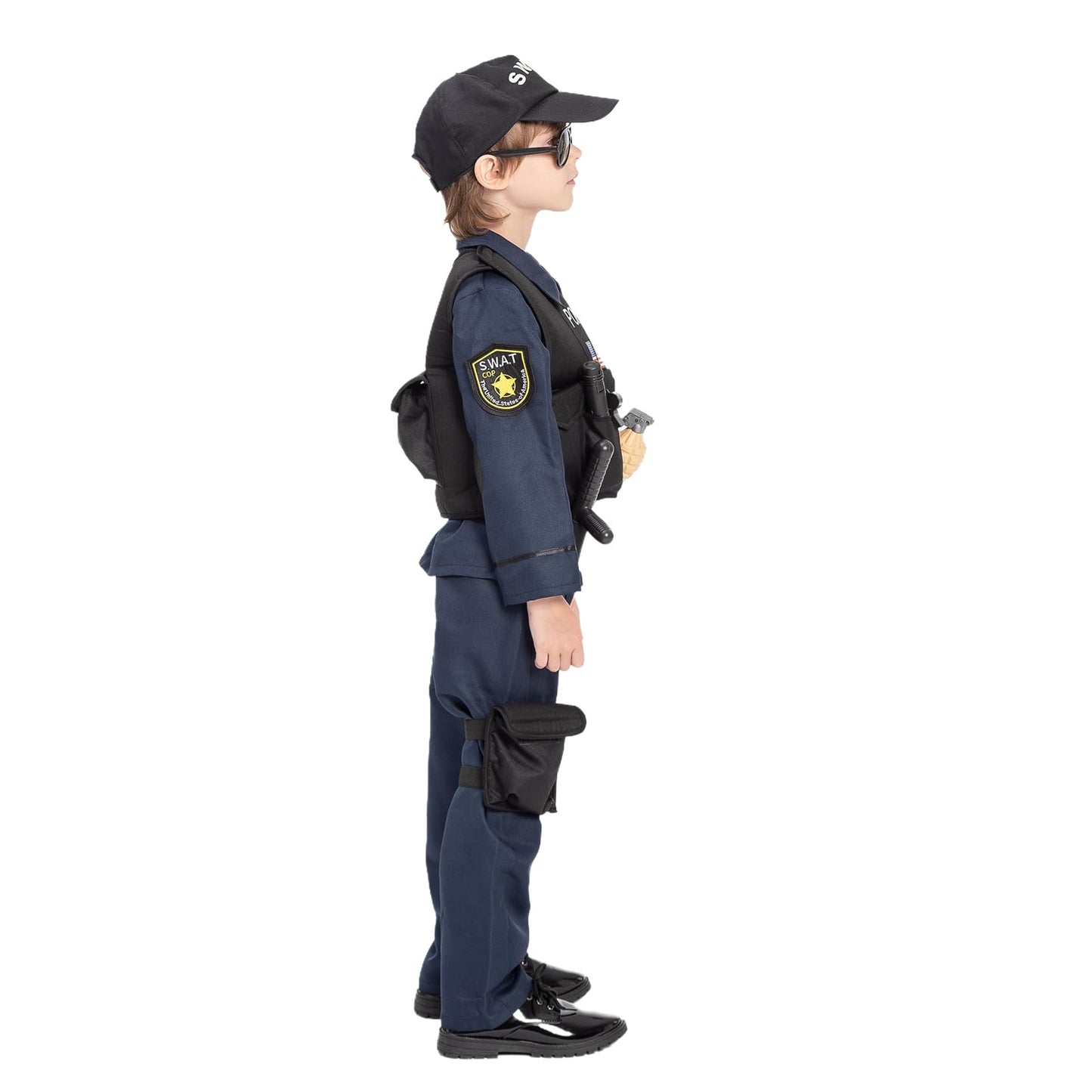 Jazgrom Kids Swat Police Officer Costume With Vest And Accessories, Boys And Girls Role Play Kit, Halloween Cop Cosplay Dress Up