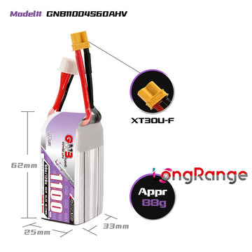 GAONENG GNB 4S LiPo Battery 60C 1100mAh 15.2V HV High Voltage XT30 Connector Long Range Drone FPV 2.5 inch Cinwhoop