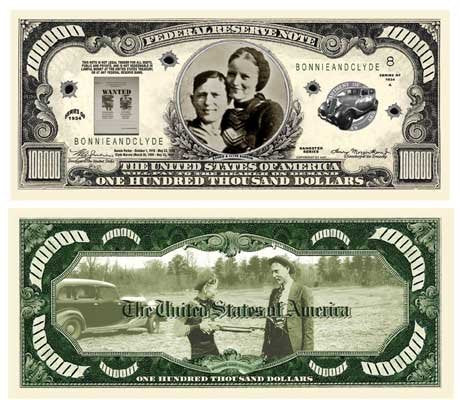 American Art Classics Bonnie & Clyde $100,000.00 Bill - Comes In Currency Bill Protector - Great Gift For Fans Of Bonnie And Clyde