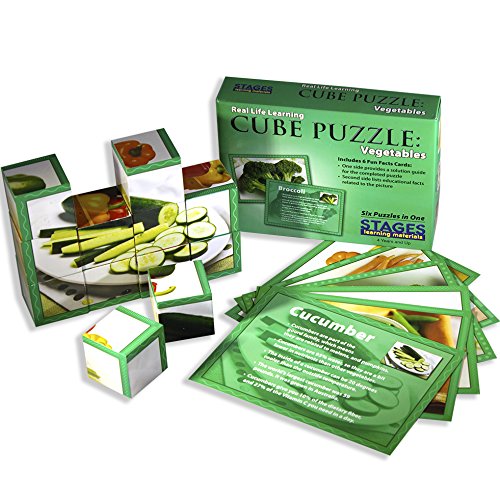 Stages Learning Real Picture Vegetables Wooden Cube Language Builder Preschool Puzzle (12 Piece), Green