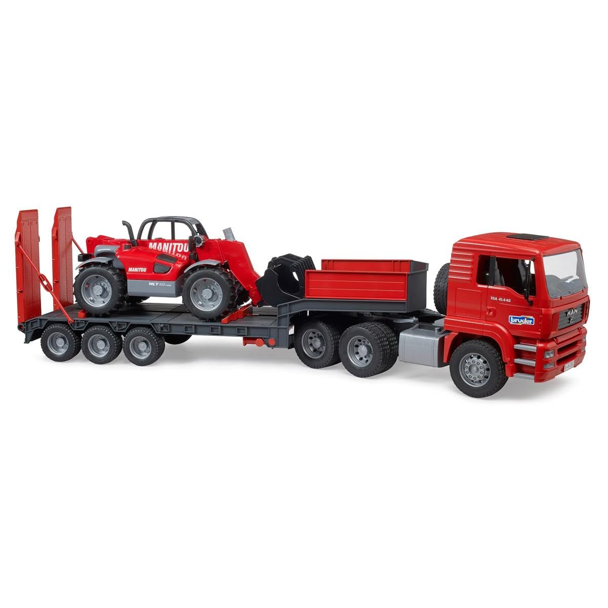 Bruder Man TGA Low Loader Truck with Manitou Loader - Red, Model 02774, Plastic Construction
