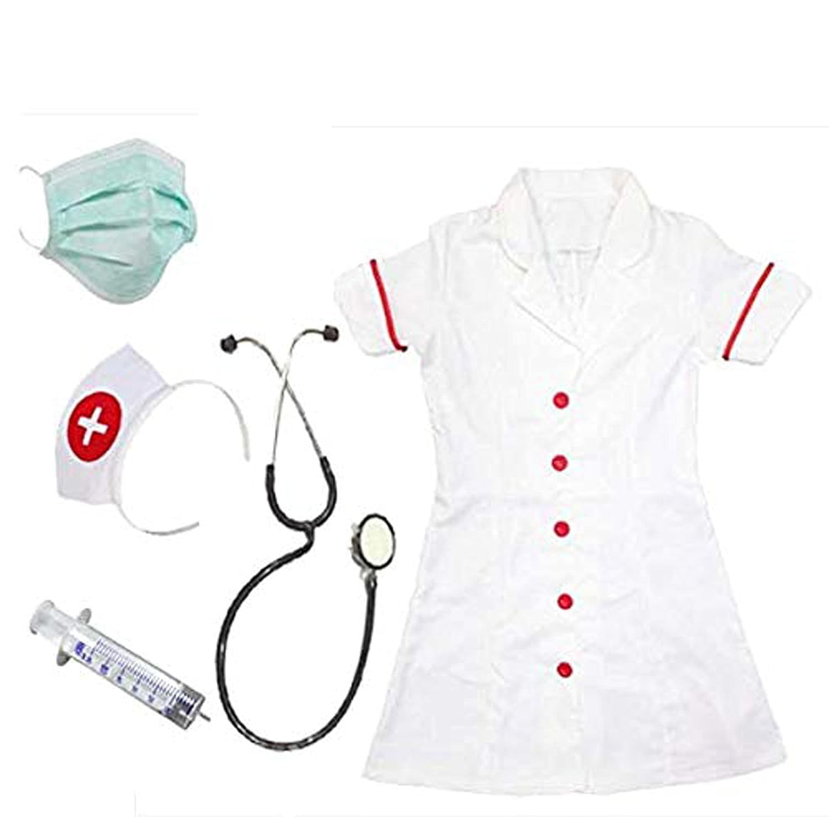Culture Creation NC1001 Unisex Nurse Coat Costumes Dress for Kids Girls Set of 5 (Nurse Coat, Headgear, Stethoscope, Injections 
