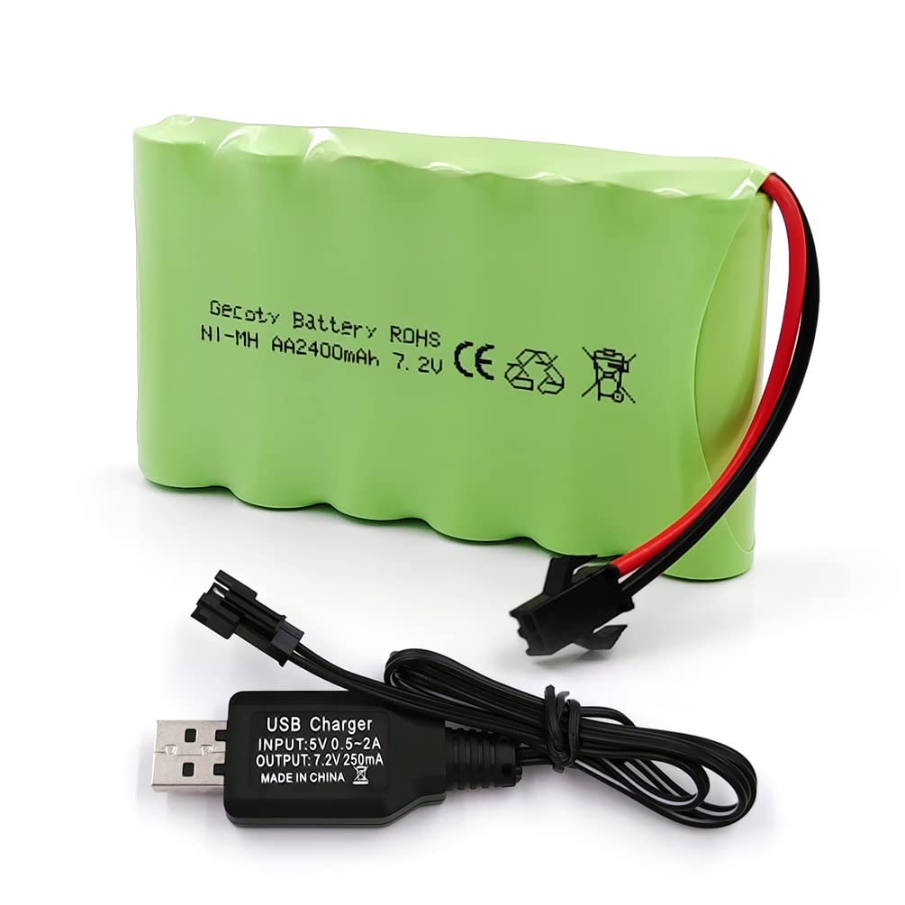 Gecoty Ni-MH Battery Pack,Upgrade 7.2V 2400mAh Recharge AA Battery Pack with Standard Charge Cable,SM 2P Plug for RC Car,Truck,T