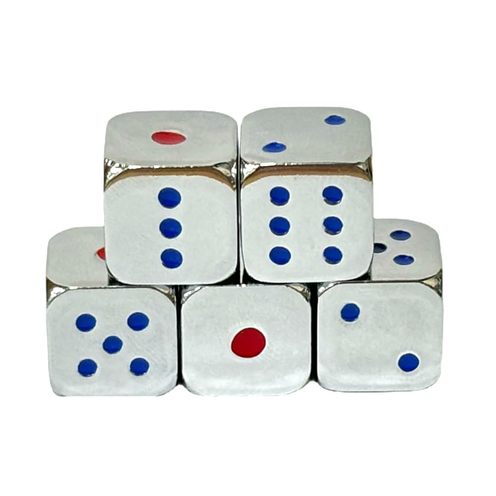Oeaya 5 Pieces 6-Sided Dice 13Mm Solid Metal Game Dice Set Zinc Alloy Polyhedral Dice For Board Game (Silver With Colored Points