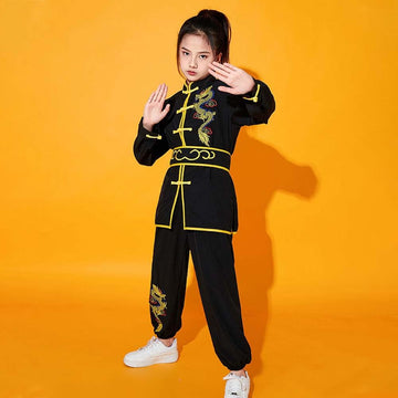 Yemyiqz Kung Fu Uniform For Boys Girls Kids Traditional Chinese Embroidered Tai Chi Wing Chun Master Martial Arts Set Outfit (Black, S)