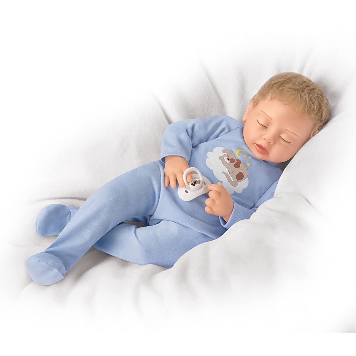 So Truly Real Puppy Over The Moon Vinyl Baby Doll by Artist Mayra Garza Featuring A Custom Footed Sleeper Outfit with Hat