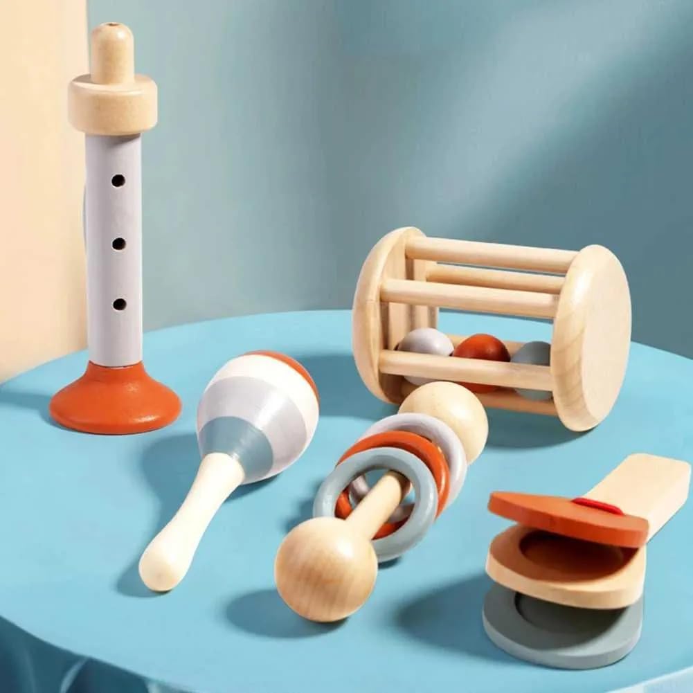 Zubat Wooden Musical Instrument Toy Set For Babies  5Piece Natural Montessori Rattle & Musical Play Kit | Safe NonToxic Woode
