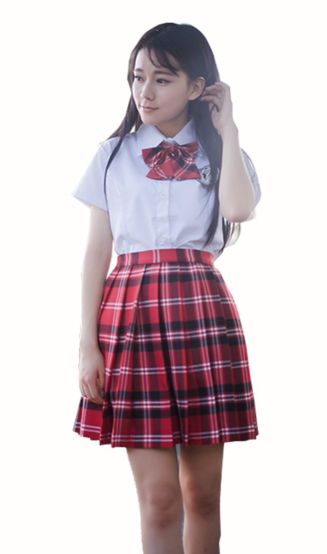 Women`S Back To School Uniform Short Cos Skirts Costumes(M, Red Black White)