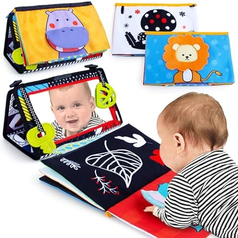Playful Tummy Time Mirror Toy with Teethers - Delightful High-Contrast Newborn Baby Entertainment for Infants