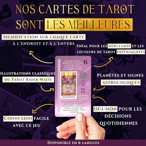 Witchy Cauldron Tarot Cards for Beginners, Medium Size, Black/White/Gold, Paper Deck with Guidebook (French)