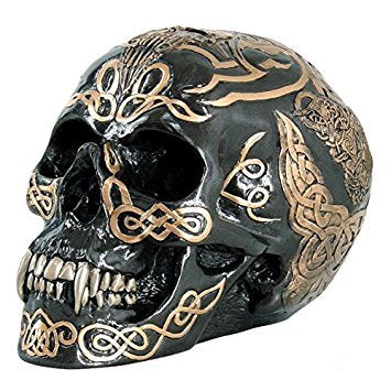 Ptc 7 Inch Black And Gold Color Celtic Pattern Skull Statue Figurine