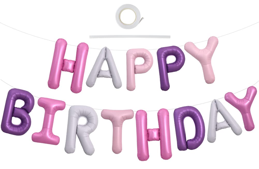Toniful Happy Birthday Balloons Banner With Ribbon Straw, 16 Inch Mylar Foil Letters Birthday Sign Banner Balloon Bunting Reusab