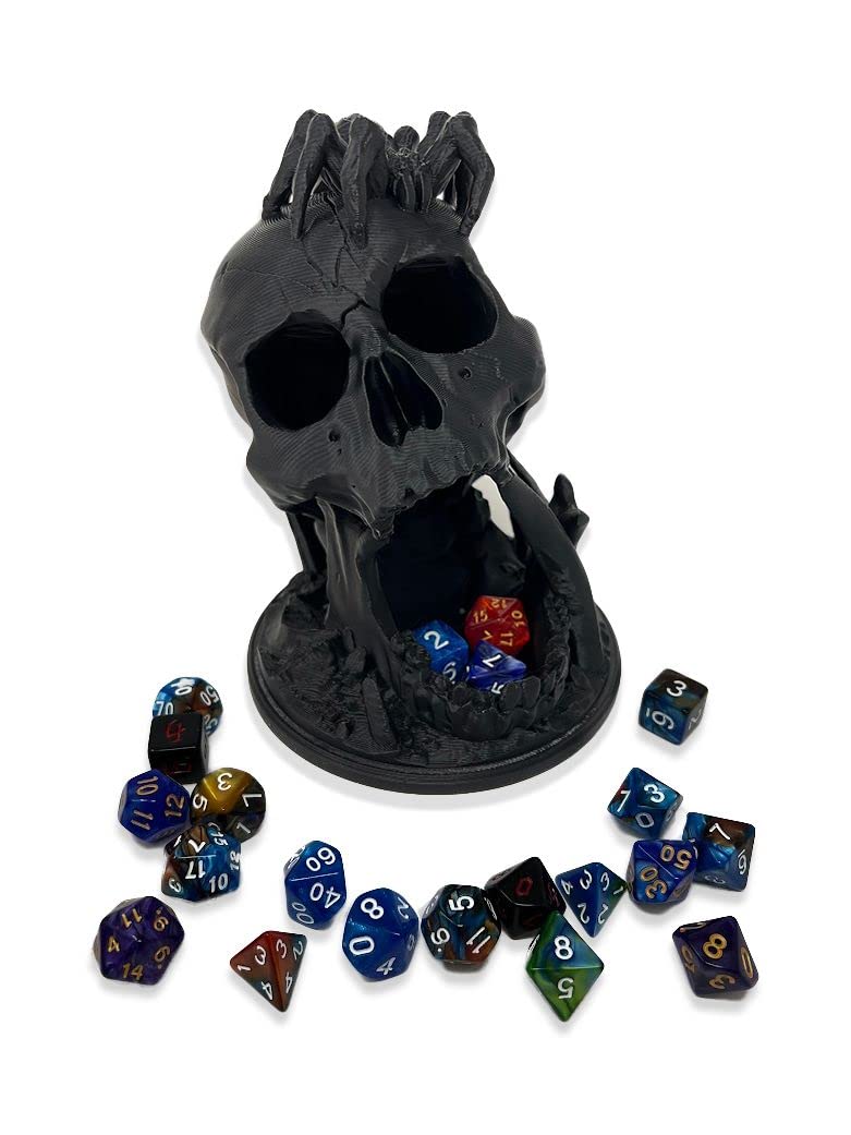 MunnyGrubbers - 6.5  Skull Dice Tower - (Random 7PCS D20 Dice Set Included) - No Paint Odorless Plastic - Tabletop Roleplaying Game - Dice Roller - Dungeons and Dragons - DND - D&D - (Marble)