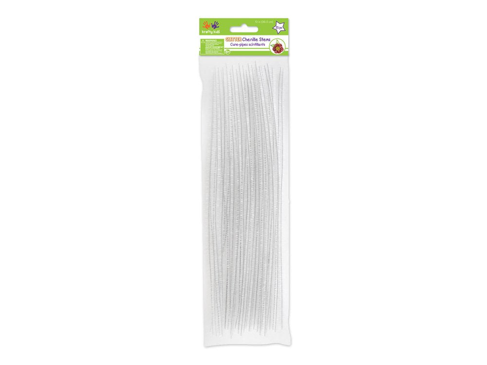 Krafty Kids GC025E, Tinsel Chenille Stems, Glitter Pipe Cleaners, 6mm by 12in, White, 1/4 x 12 X 35 Piece