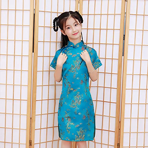 Girls Chinese Qipao Dress Dragon Pattern Short Sleeve Cheongsam Costume for Birthday Party Wedding (US, Age, 6 Years, 7 Years, B