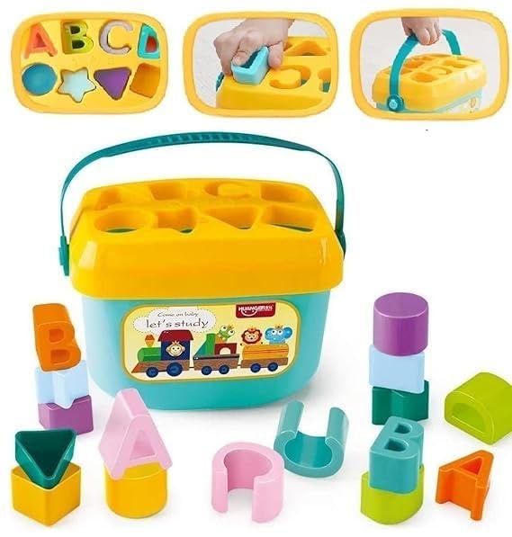 Baby First Blocks Activity Toys Sorter Baby and Toddler Toy ABCD Learning Shape Alphabets Storage Bucket Toys Sorting Game Devel