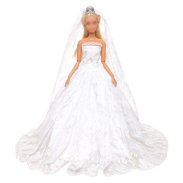 Barwa White Wedding Dress With Long Veil Evening Party Princess White Lace Gown Dress For 11.5 Inch Girl Doll