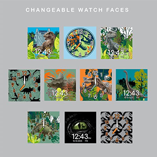 Accutime Jurassic World Kids Smart Watch - 10 Watch Faces, 3 Wallpapers, Interactive Games, Alarm, Camera, Voice Recorder, Calculator, Pedometer, Fits 5.5'-8.0' Wrists