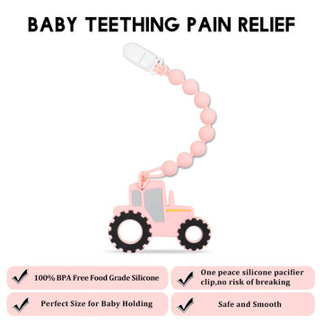 Baby Food Grade Silicone Tractor Truck Teether Toy With One Piece Design Pacifier Clip Holder,Teething Pain Relief Toys Gift Set