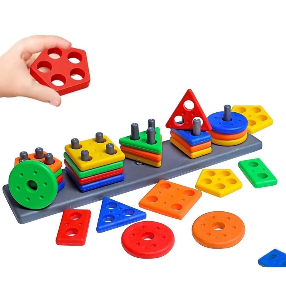 Venzora Geometric Shape Sorter Stacking Toy For Toddlers Wooden Educational Learning Puzzle With Colourful Shape Blocks 26 Pcs M