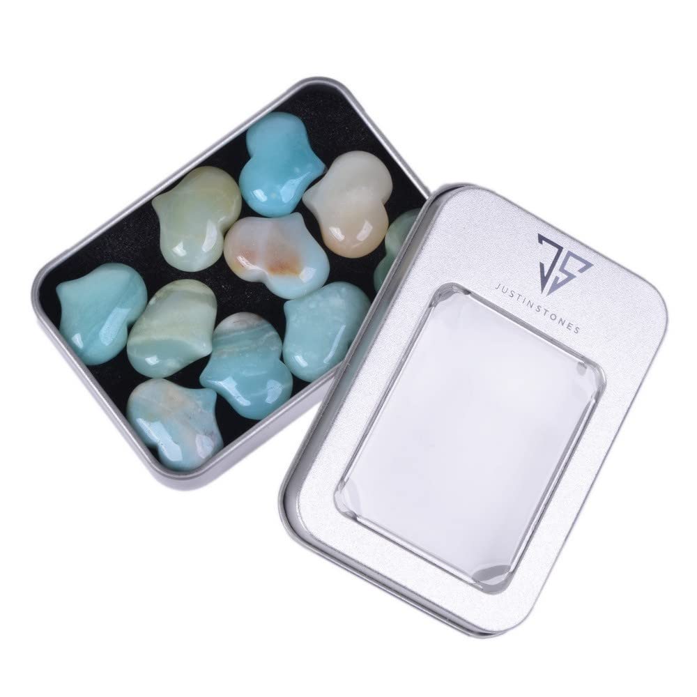 Justinstones Natural Amazonite Gemstone Healing Crystal 1 Inch Mini Puffy Heart Pocket Stone Iron Gift Box (Pack Of 10)