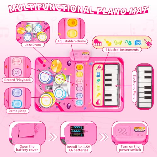 Amy & Benton Baby Piano Mat Pink Piano & Drum Mat 2 in 1, Toddler Musical Piano Mat Toy Birthday Gift for Girls Boys