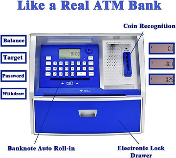 Like Talking ATM Savings Bank - Digital Piggy Bank for Kids, Blue/Silver, Model G972E, Plastic Money Coin Machine