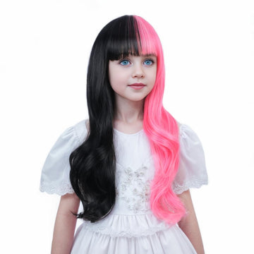 Ufindcos Pink & Black Wig For Kids - Long, Wavy, Curly, 22 Inches, Split Synthetic Wig With Wig Cap