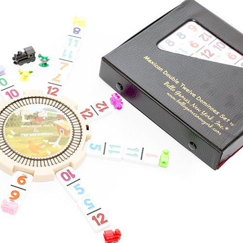 Bello Games Mexican Double Twelve Professional Numbered Dominoes Set With Hub, Trains & Chickens