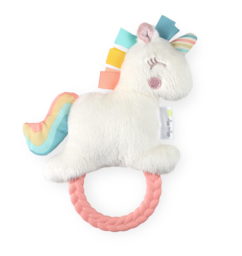 Itzy Ritzy - Ritzy Rattle Pal With Teether - Baby Teething Toy Features A Minky Plush Character, Gentle Rattle Sound & Soft Teether Toy For Newborn (Unicorn)