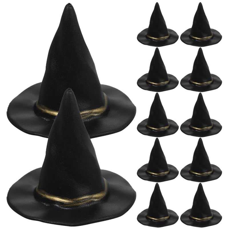 SAFIGLE 12pcs Mini Witch Hats:Tiny Witch Hats Halloween Black Plastic Caps for DIY Crafts, Party Decorations, Dollhouse Props, a
