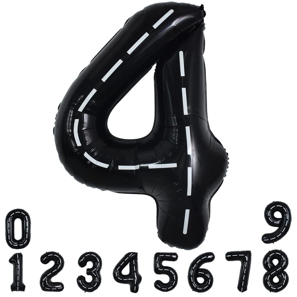 Toniful Race Car Black Balloons Car Birthday Party Supplies,40 Inch Giant Jumbo Helium Foil Mylar Big Number 4 Digital 4 Balloon