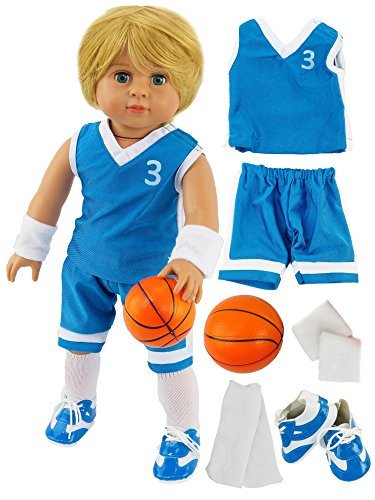American Fashion World Boys Blue Basketball Uniform for 18-Inch Dolls | Accessories Included | enhanced Quality & Trendy Design | Dolls Clothes | Outfit Fashions for Dolls for Popular Brands