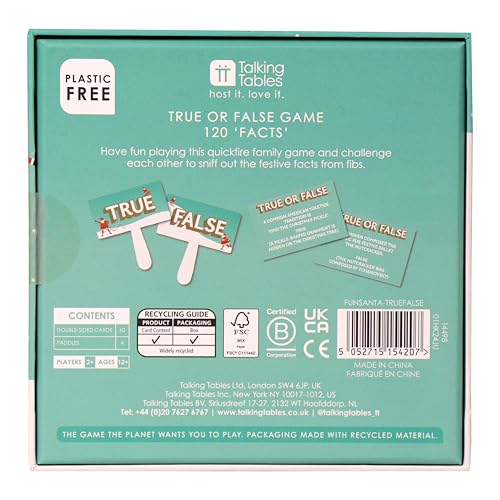 Talking Tables Festive True or False Quiz Game - Cardboard, Fun Party Game for Kids & Adults, Perfect Xmas Stocking Stuffer, Ages 12+