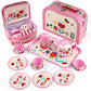 D-FantiX Kids Tea Set for Little Girls, 15Pcs Pink Tin Tea Party Set for Toddlers Afternoon Tea Time Playset with Metal Teapots 
