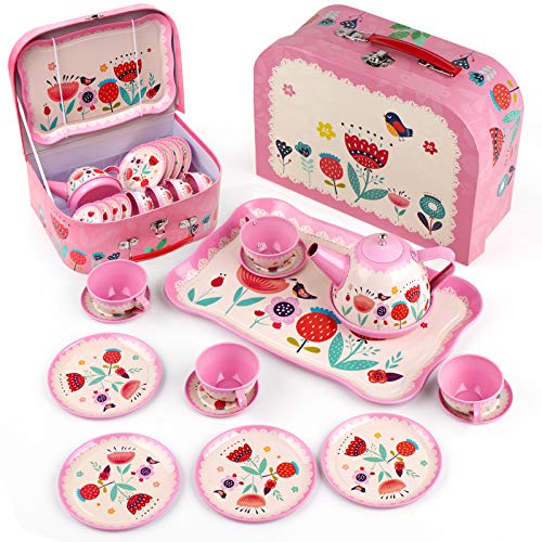 D-FantiX Kids Tea Set for Little Girls, 15Pcs Pink Tin Tea Party Set for Toddlers Afternoon Tea Time Playset with Metal Teapots 