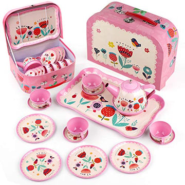 D-FantiX Kids Tea Set for Little Girls, 15Pcs Pink Tin Tea Party Set for Toddlers Afternoon Tea Time Playset with Metal Teapots 