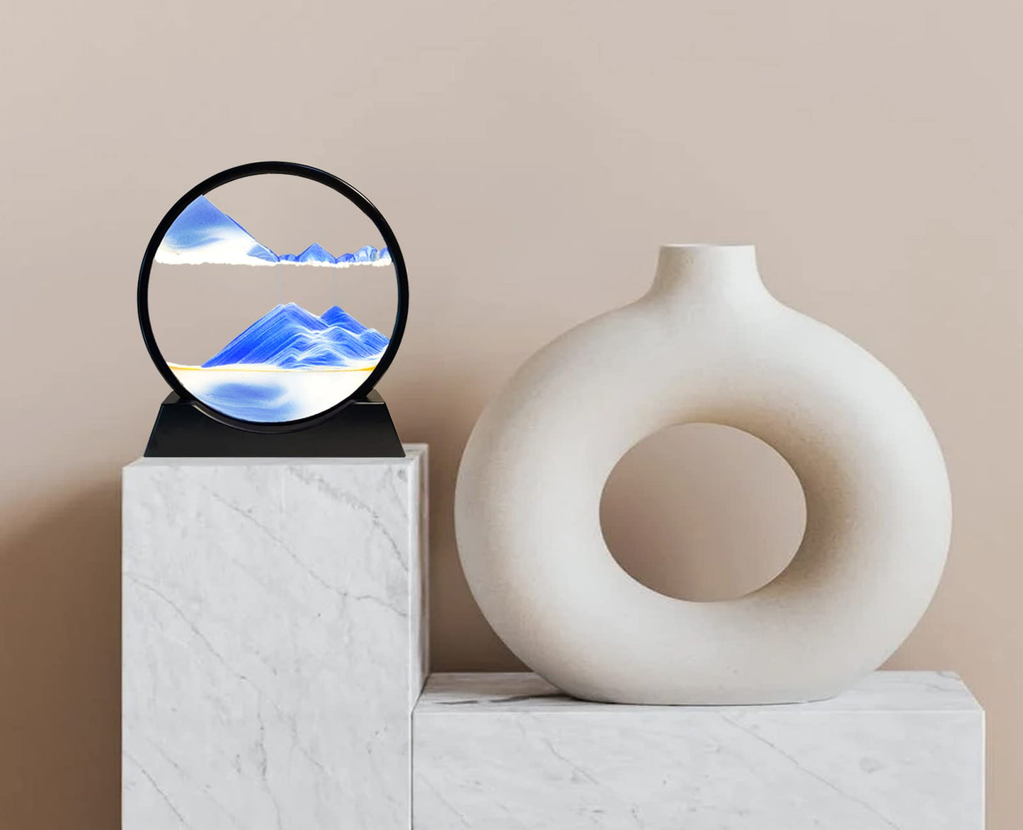 Hyugf 12'' Moving Sand Art Picture Ocean Decor - 3D Deep Sea Sandscape Liquid Motion, Round Glass Frame Display Flowing Sand Rel