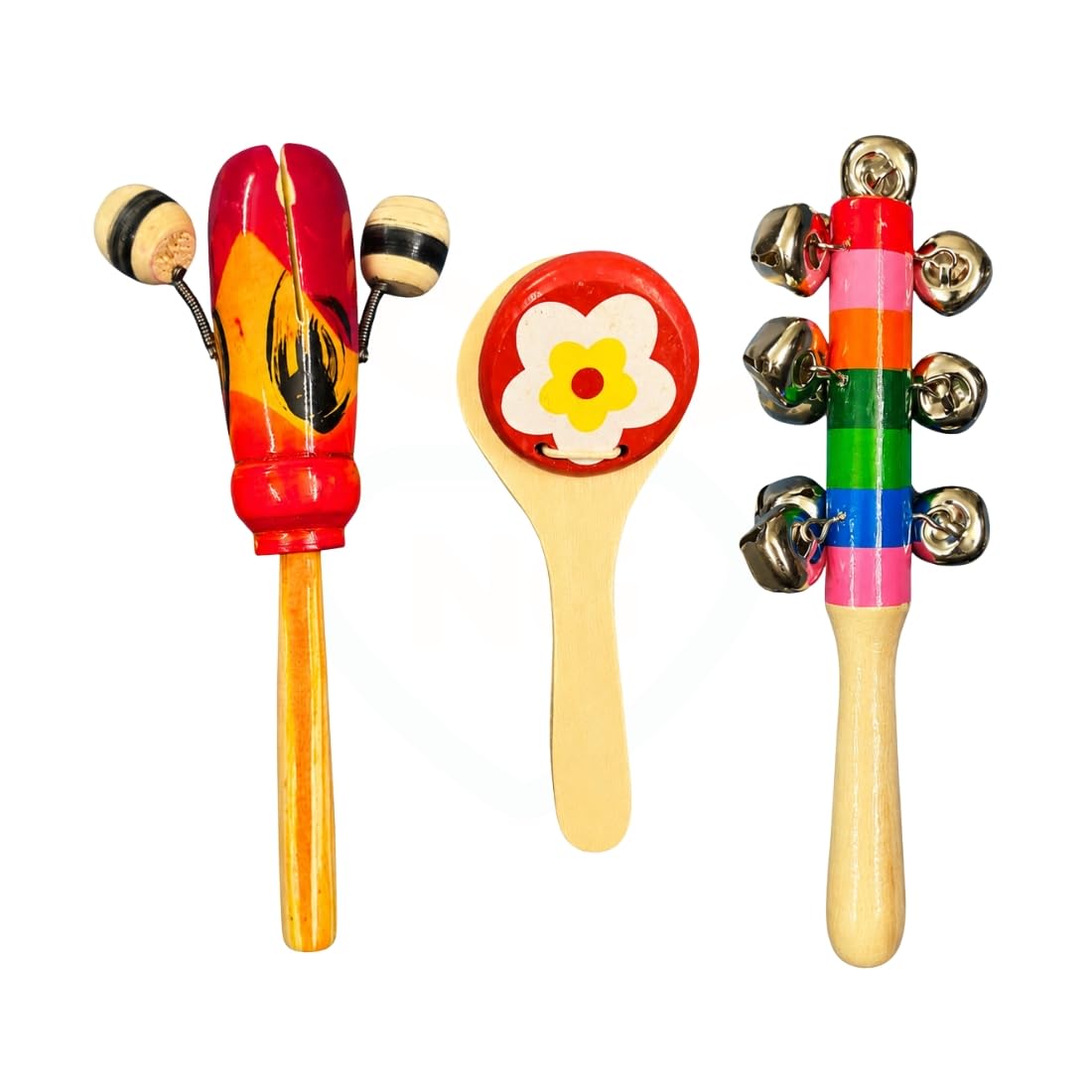 Wooden Baby Rattle Combo Set Of 3 | Handmade Musical Rattle Toys For Babies | Bell Stick, Clapper & Tik Tik Wooden Sensory Toys 