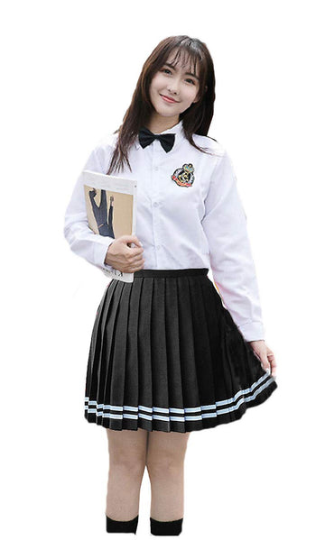 Beautifulfashionlife Girl`S Plaid Check Flat Pleated Skirts School Sailor Suit White Stripes (L,Black)