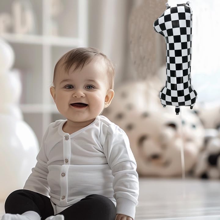 Eoopoon 42 Inch Checkered Number Balloon 7, 7th Race Car Flag Birthday Party Supplies for Boys Girls, Large Black and White Numb