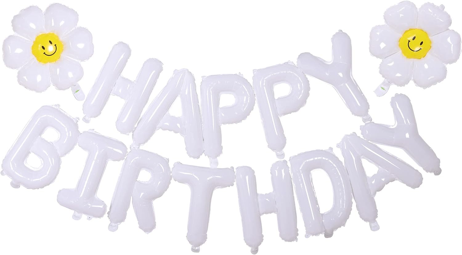 White Happy Birthday Balloons Banner, 3D Mylar Foil Letter Birthday Balloons With 2Pcs Daisy Balloons, Birthday Party Decoration