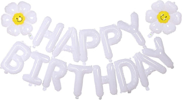 White Happy Birthday Balloons Banner, 3D Mylar Foil Letter Birthday Balloons With 2Pcs Daisy Balloons, Birthday Party Decoration