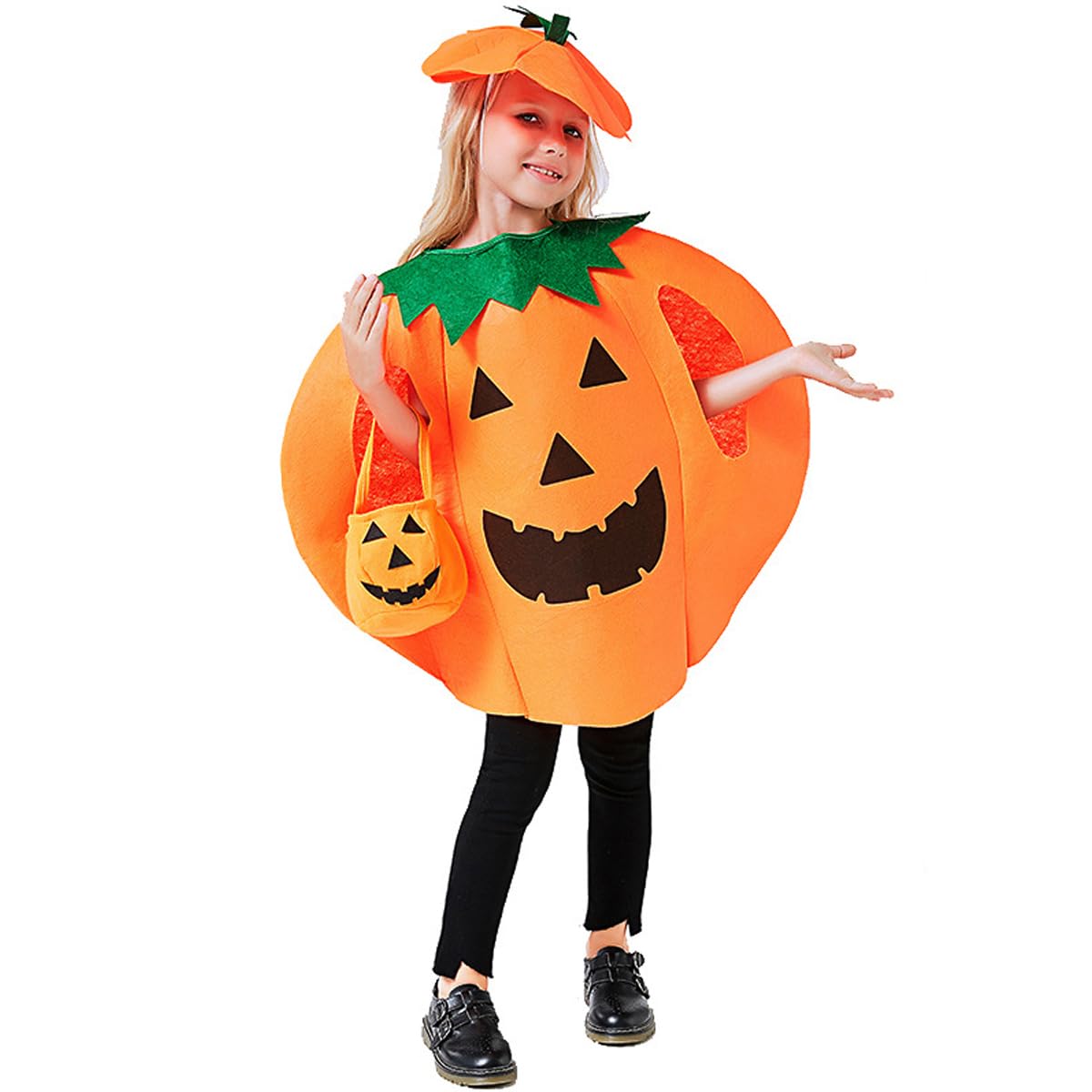 Clooouds 3Pcs Pumpkin Costume For Kids Children Halloween Pumpkin Cosplay Party Clothes With A Hat,A Bag