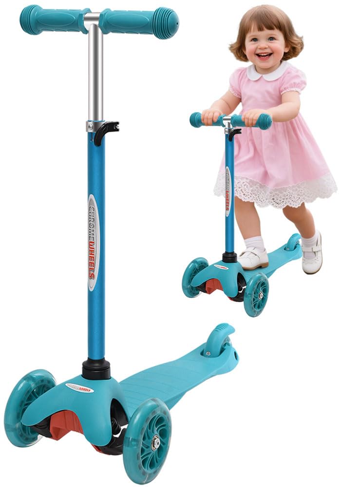 Chromewheels Scooter For Kids, Deluxe 3 Wheel Scooter For Toddlers 4 Adjustable Height Glider With Kick Scooters, Lean To Steer With Led Flashing Light For Ages 3-6 Girls Boys, Aqua